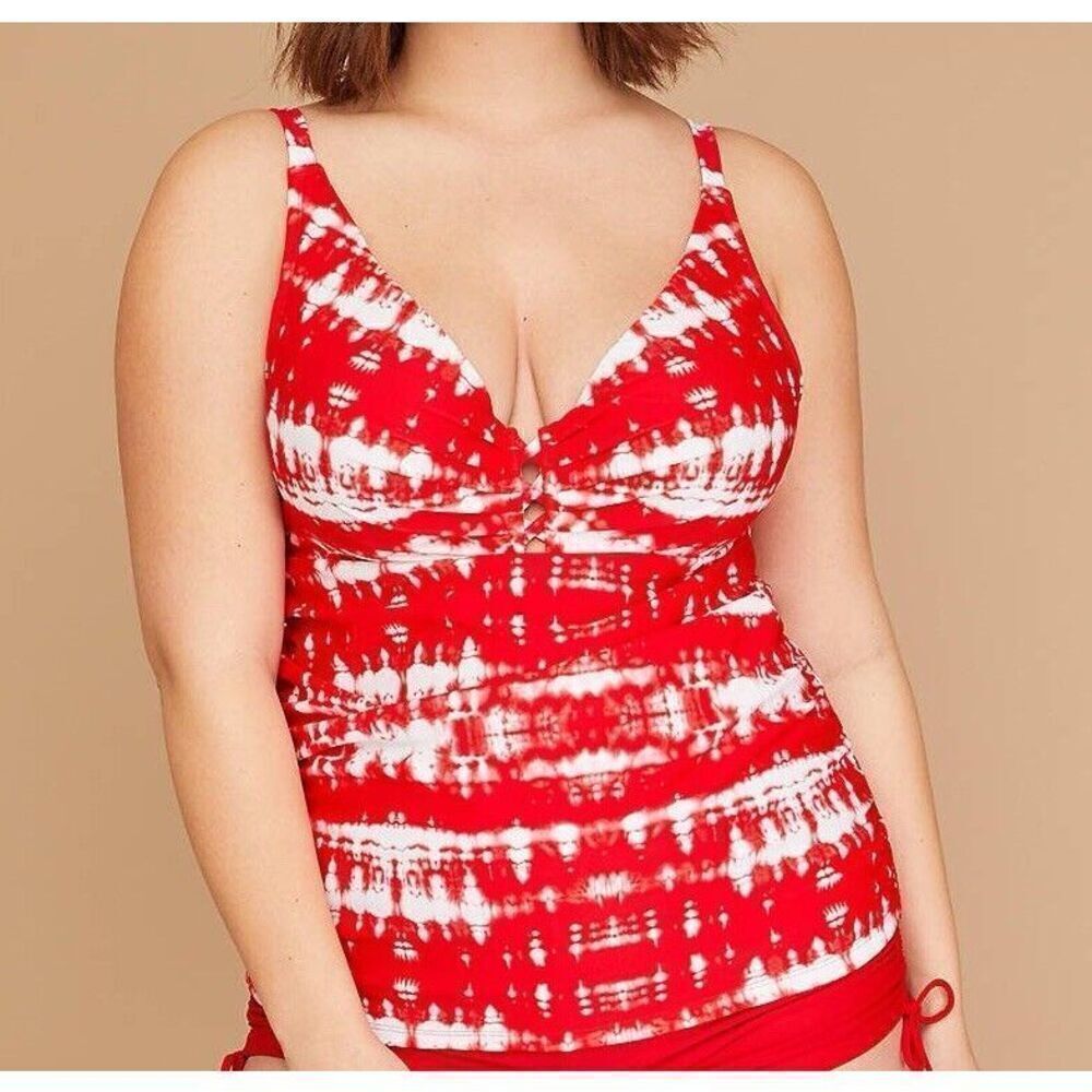 Swim by Cacique Lane Bryant Red White Tie Dye Tankini Top Built in Bra Size 46DD